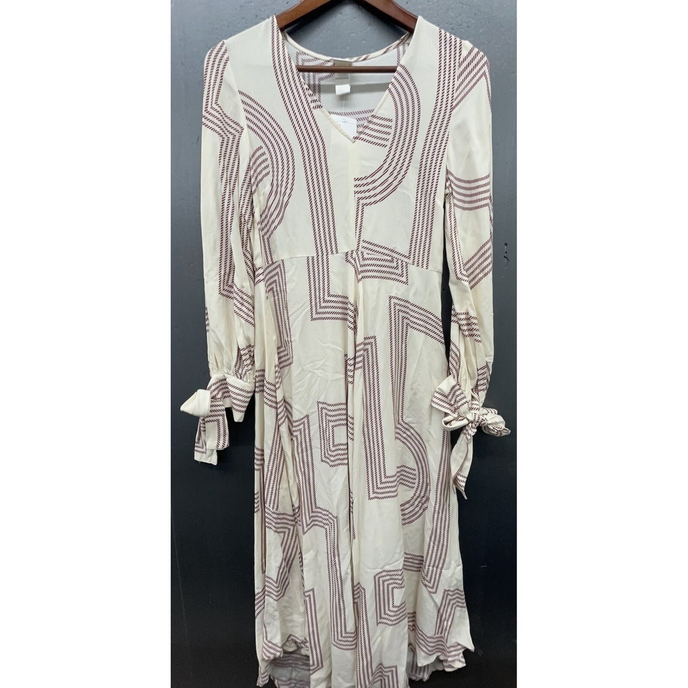 H&M Dress Size 4 Long Sleeve Midi Ivory Red Geo Flounce Boho Peasant Cottage New